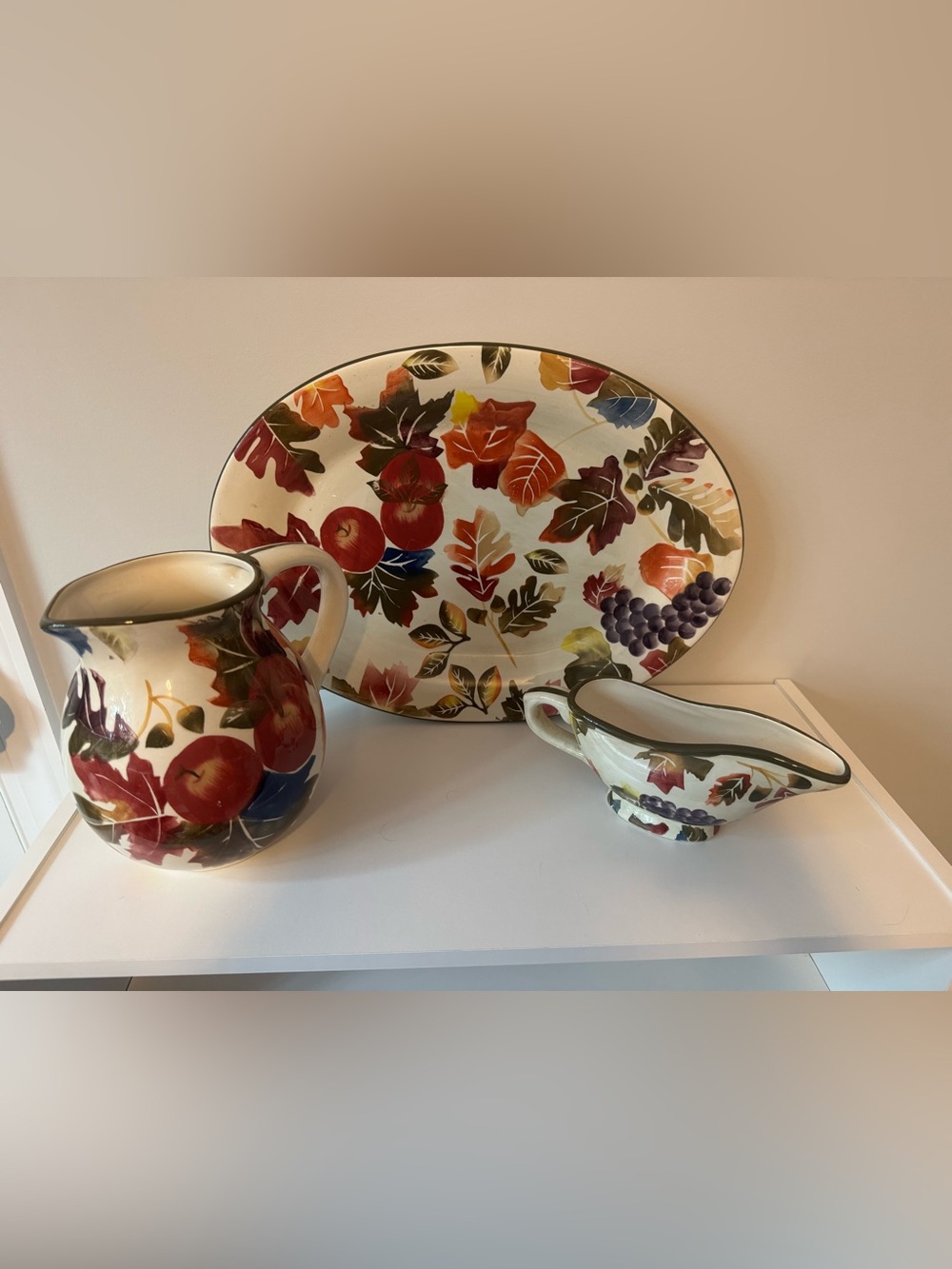 Vintage WCL Thanksgiving Fall Harvest 3-Pc Set: Platter, Pitcher, Gravy Boat